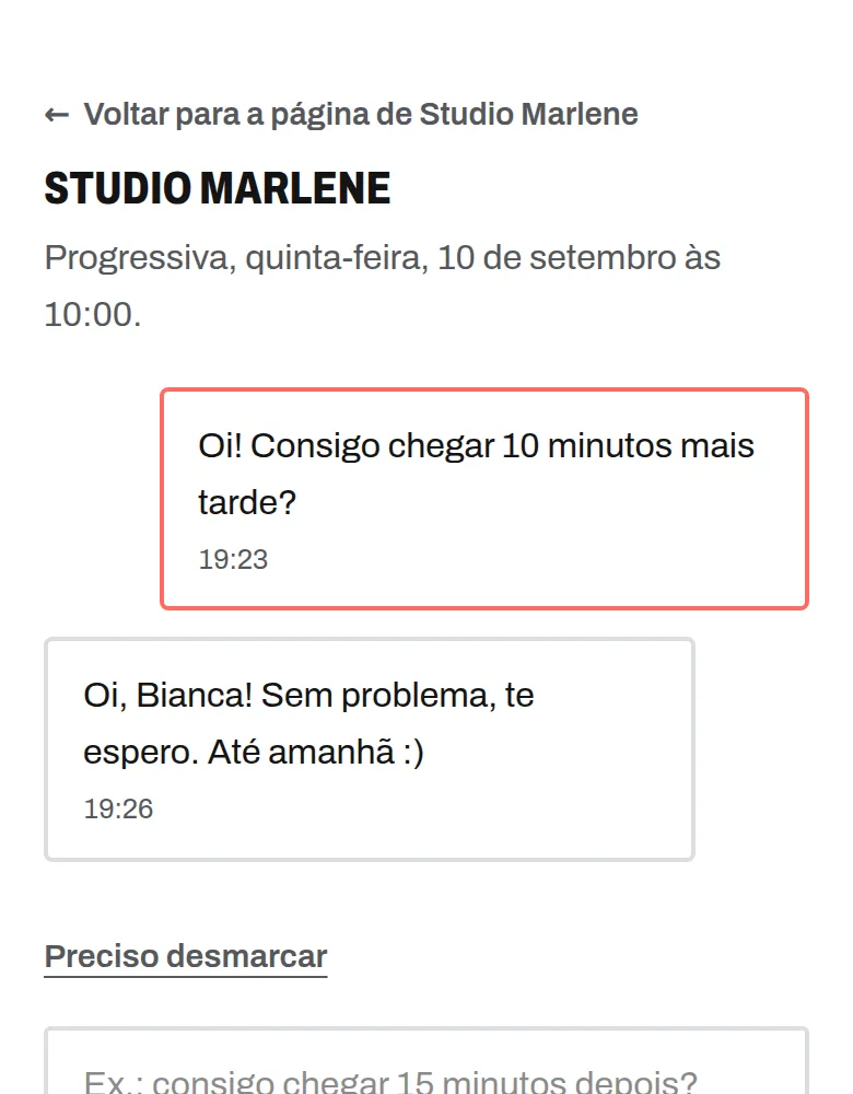Tela de conversa do ACHEI num celular, com a cliente avisando que vai chegar dez minutos mais tarde.