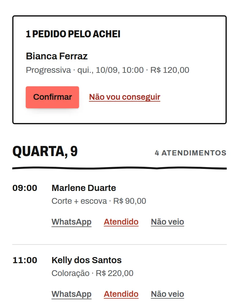 Tela Hoje do ACHEI num celular, com um pedido de horário vindo da busca no topo, mostrando o nome da cliente, o serviço, o dia e os botões de confirmar ou recusar.