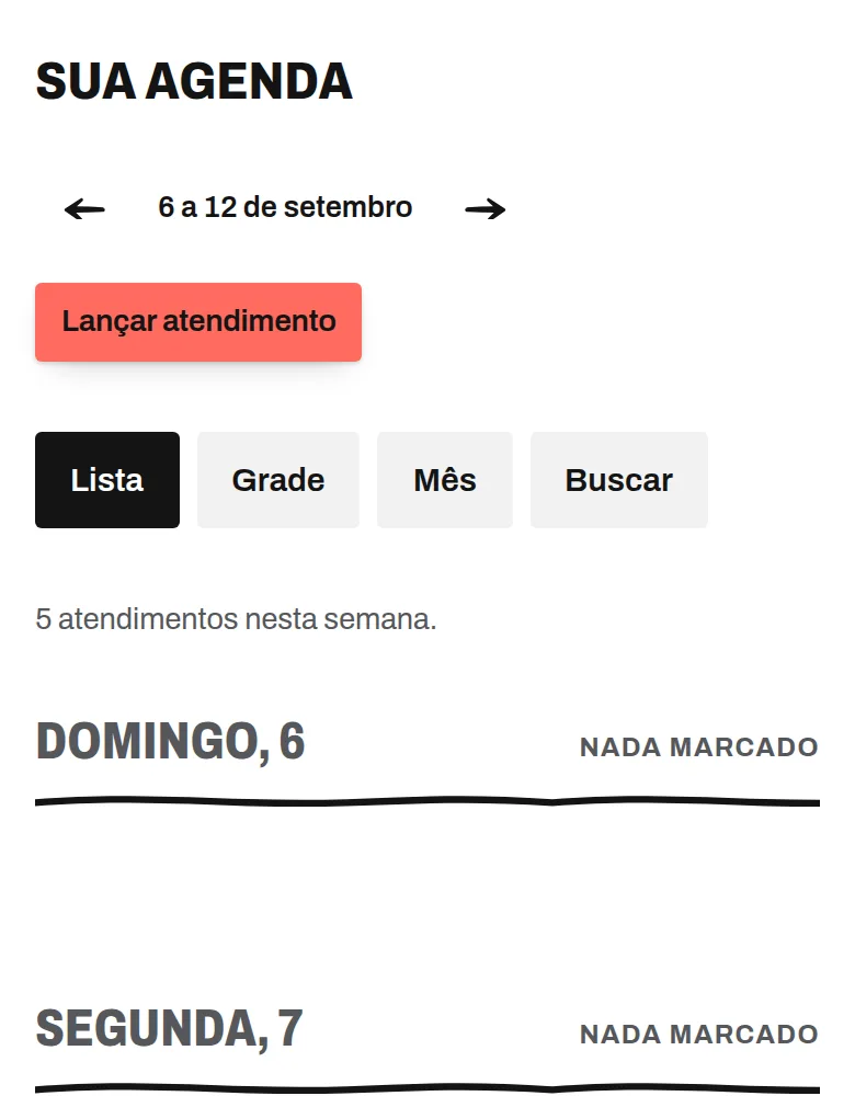 Tela da agenda semanal do ACHEI num celular, mostrando os dias da semana e os atendimentos de cada um.